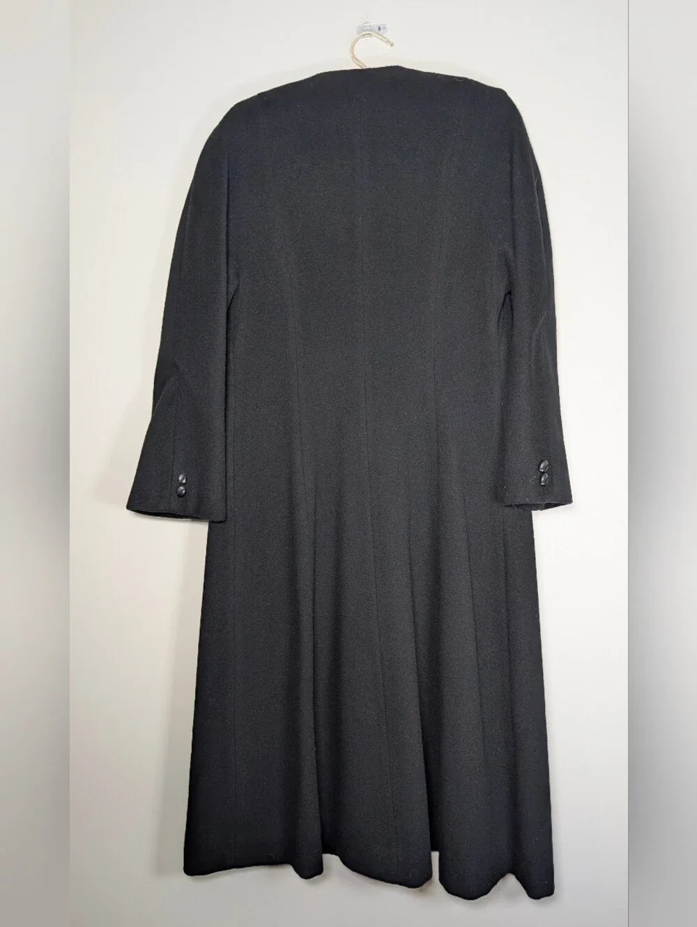 Vintage 100% Pure Wool Long Black Peacoat 8 Quiet Luxury Collarless Minimalist